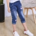 Quần bé gái 2018 mới hè mỏng phần denim crop top quần bé gái cotton hoang dã thêu năm điểm - Quần jean