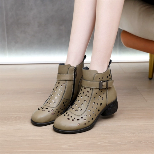 Этническая обувь, летние короткие сапоги с молнией, туфли, из натуральной кожи, этнический стиль, мягкая подошва, для среднего возраста