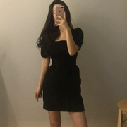 [Muzly] Hàn Quốc in tối đen ngọt lão hóa cổ áo cổ áo eo siêu hoang dã ngắn tay đầm nữ