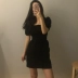 [Muzly] Hàn Quốc in tối đen ngọt lão hóa cổ áo cổ áo eo siêu hoang dã ngắn tay đầm nữ 	mẫu váy eo đẹp	 Váy eo cao