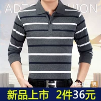 Đàn ông trung niên dài tay mùa hè mỏng phần ve áo T-shirt cotton polo áo sơ mi trung niên lỏng lẻo sọc nam tay áo ngắn áo phông nam có cổ