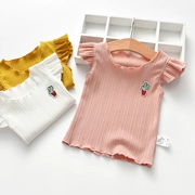 Cô gái mùa hè T-Shirt 2018 trẻ em mới của Hàn Quốc phiên bản của bông earmuffs áo sơ mi màu rắn trẻ em của bé ngắn tay áo