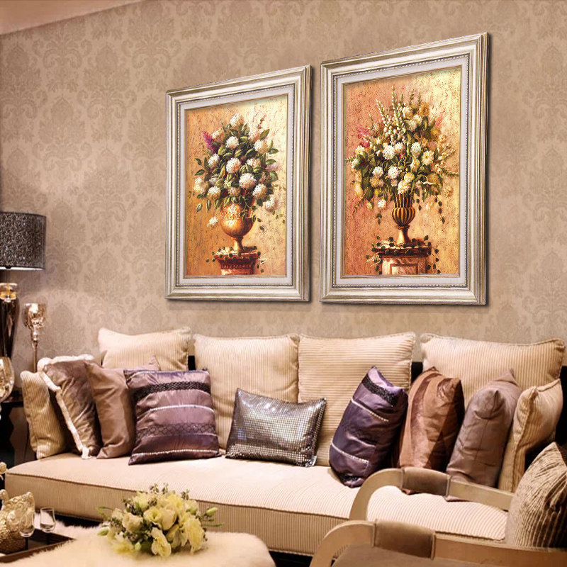 欧式奢华装饰画客厅墙画 卧室玄关复古壁画挂画绣球花竖版三联画