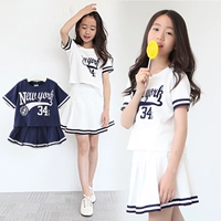 Cô gái cotton thể thao phù hợp với mùa hè phiên bản mới của Hàn Quốc quần áo trẻ em cha mẹ trẻ em lớn trẻ em giản dị váy ngắn tay quần hai mảnh - Phù hợp với trẻ em bộ cotton bé trai đẹp