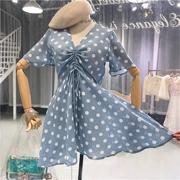 Dây kéo ren v- cổ eo cao sóng váy ngắn váy nữ 2018 mùa hè kỳ nghỉ mới gió ngắn- tay đầm mỏng