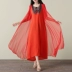 Bất bắn Trung Quốc gió quốc gia mùa hè của phụ nữ cổ áo hoa thêu lụa gai kích thước lớn lỏng giả hai chiếc váy đầm