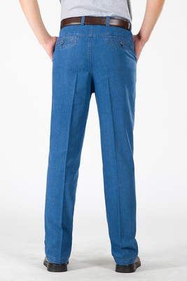 Mùa hè phần mỏng jeans nam cao eo thẳng trung niên lỏng bốn mùa squat đàn hồi cha casual quần dài Cao bồi