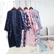 Mùa xuân và mùa hè gạc mỏng nightdress nam cardigan dài đoạn áo bông đôi yukata nữ phong cách Nhật Bản gió đồ ngủ hoa