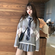 Set đồ nữ mùa thu 2018 phiên bản Hàn Quốc mới của áo len cổ chữ V gió + áo sơ mi buộc dây sinh viên + váy xếp li