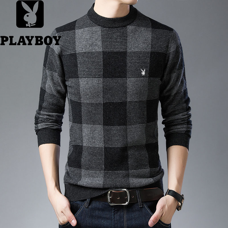 Playboy Nhãn hiệu nam mùa đông cổ tròn tay dài áo len tinh khiết đan áo len kẻ sọc chính hãng - Áo len