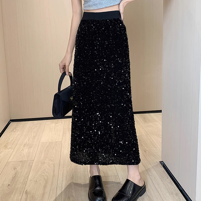 taobao agent Long pleated skirt, advanced nail sequins, plus size, french style, A-line, hip-accented, high-quality style