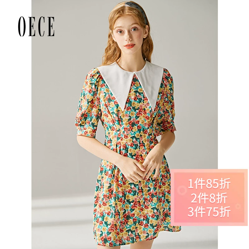 Oece mùa hè mới của phụ nữ quần áo retro người yêu giảm tuổi tính cách búp bê cổ áo cao eo váy hoa - Váy eo cao