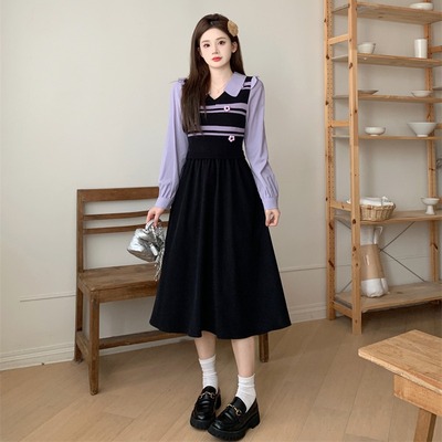 taobao agent Knitted set, dress, fitted brace, plus size, french style, A-line