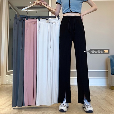 taobao agent Large -size split wide -leg pants Female spring and summer high waist thin casual pants, fat mm loose straight tube vertical mop long pants