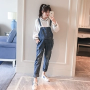 Phụ nữ mang thai lỗ denim phù hợp với thời trang mùa thu đông quần áo mới cơ sở đan hàng đầu jumpsuit phù hợp