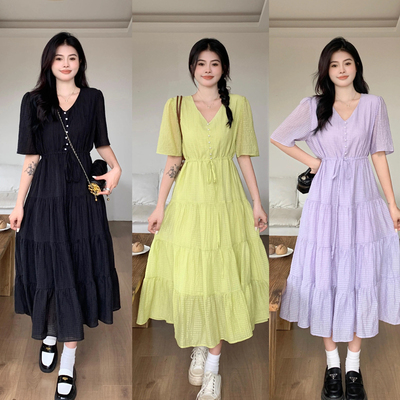 taobao agent Purple shiffon summer dress, long skirt, plus size, V-neckline, fitted
