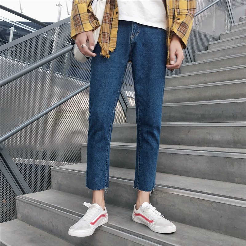 Mùa xuân 2019 mới phong cách quần jeans nam Hong Kong thương hiệu raw edge sinh viên phiên bản Hàn Quốc của xu hướng quần âu 9 điểm giản dị nam - Quần jean