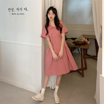 taobao agent Fuchsia summer dress, plus size, polo collar, fitted