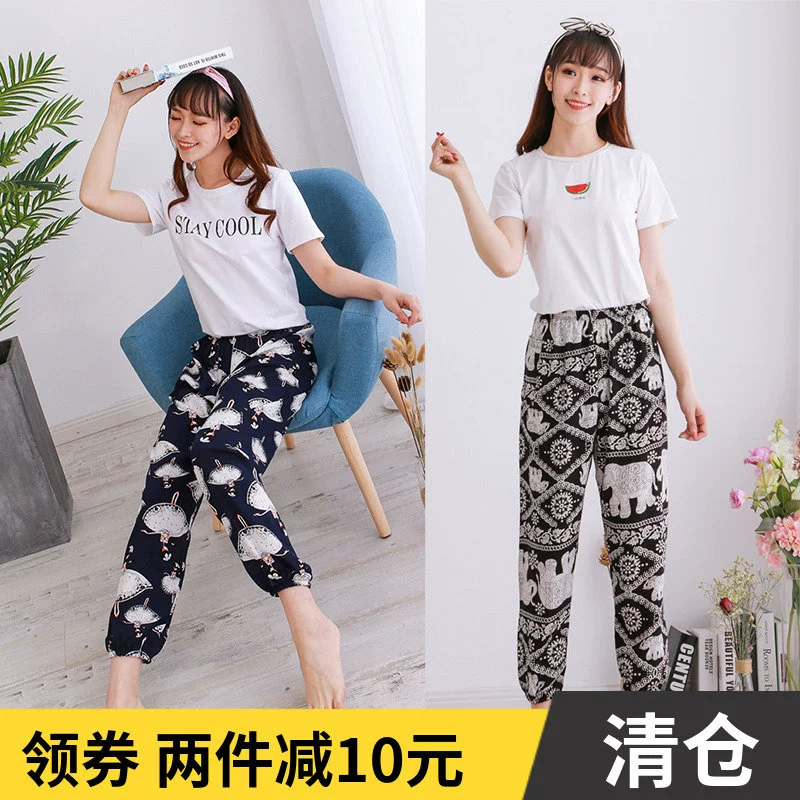 Mùa hè mỏng quần lụa cotton rộng rãi kích thước lớn cotton nhân tạo đồ ngủ ở nhà điều hòa nhiệt độ chín điểm quần đi biển chống muỗi - Quần tây