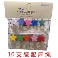 Деревянный красочный пентаграмма мини -клип, звездный закуска, украшение фото, 10 штук с конопляной веревкой