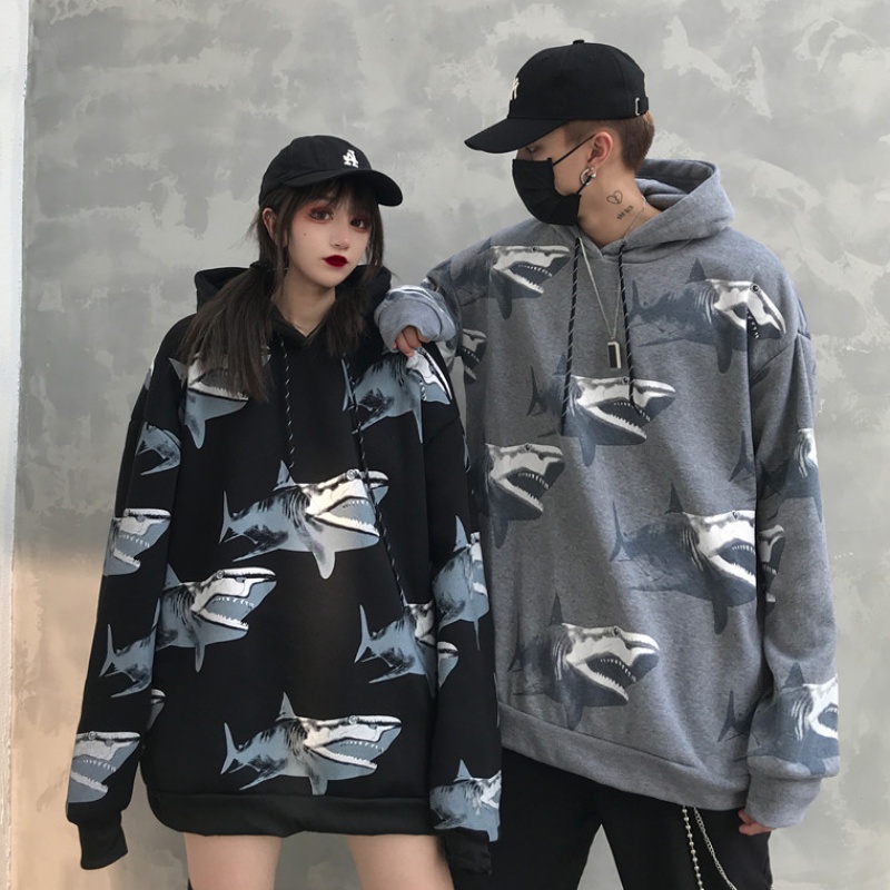 Ins couple's Hooded Sweater female student Korean version loose BF yuansuo wind autumn and winter Plush coat trend