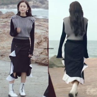 十年三月三十日古力娜扎袁莱同款衣黑色荷叶边开叉不规则半身裙女