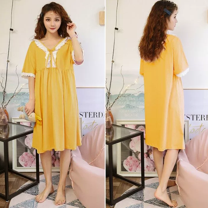 Fat girl plus fat plus size Váy ngủ nữ cotton ngắn tay Hàn Quốc Bộ đồ ngủ ngắn tay mùa hè 200 kg Váy ngủ cho người béo - Đêm đầm