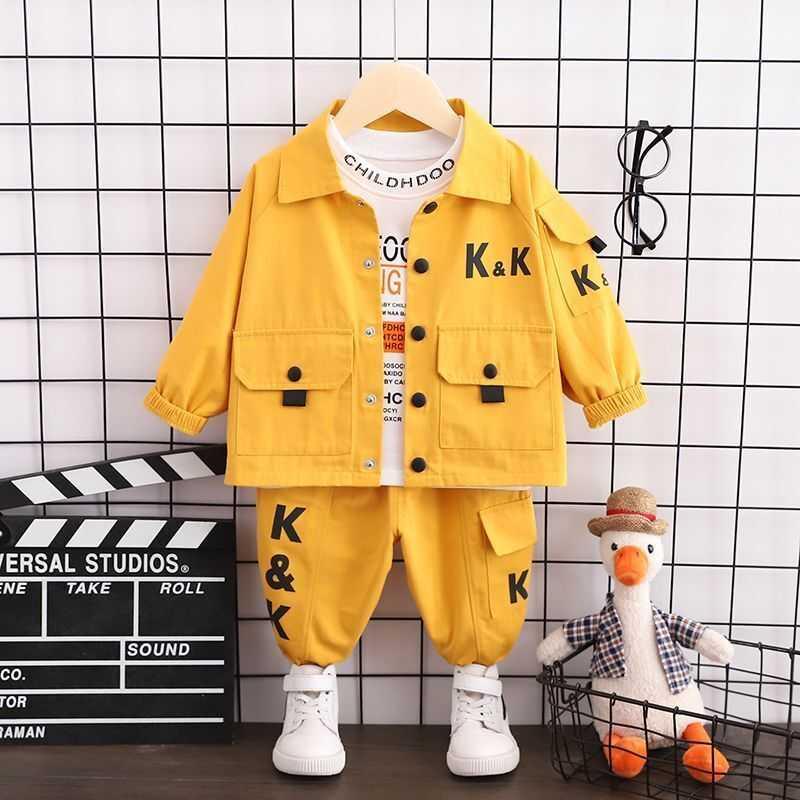 Yellow 1 & Sj-kk Three Piece Toolingbaby Autumn clothes Boy Spring and Autumn suit 2021 new pattern Foreign style Three piece set tide baby clothes handsome Children's wear