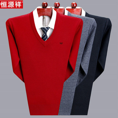 Áo len cashmere Hengyuanxiang áo len nam cổ chữ V lớn màu đỏ trung niên và cha trẻ dệt kim áo len áo len thủy triều - Hàng dệt kim