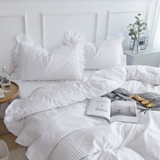 Bộ chăn ga gối cotton bốn mảnh đơn giản của Hàn Quốc Màu đơn giản lá sen 1,5m Giường 1,8m - Bộ đồ giường bốn mảnh