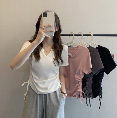 taobao agent Summer design T-shirt, top, plus size, V-neckline, with short sleeve, trend of season, drawstring, fitted