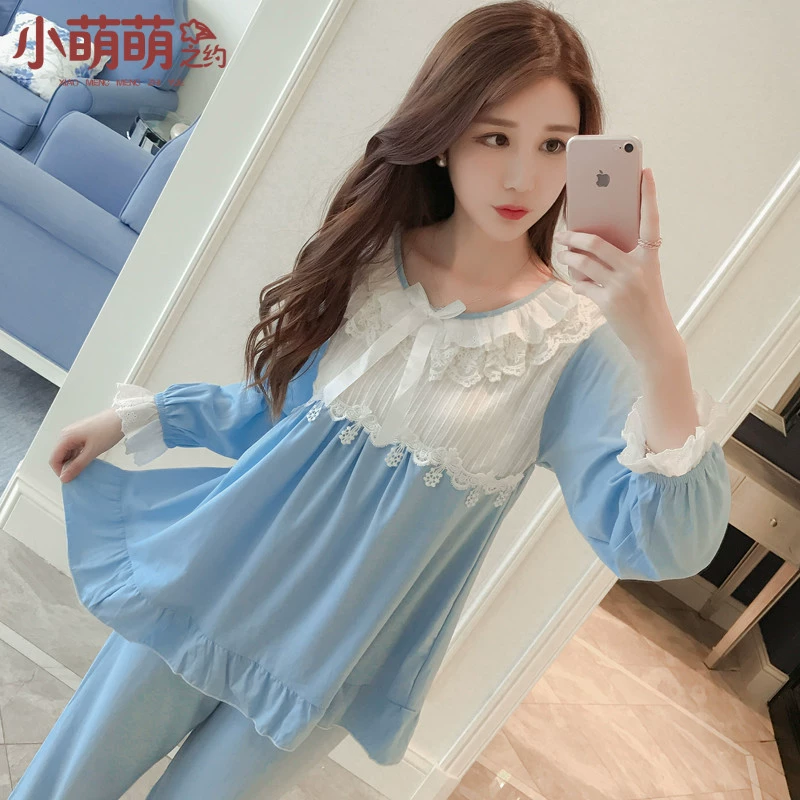 Đồ ngủ nữ cotton mùa xuân và mùa thu dài tay dễ thương Hàn Quốc dịch vụ nhà mùa hè công chúa tươi mới phù hợp với hai mảnh - Nam giới