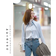 [Jiang Shuying với đoạn văn] mùa xuân và mùa hè phiên bản mới của Hàn Quốc cổ áo màu xanh nhạt lớn cổ áo dài tay áo sơ mi nữ rộng rãi - Áo sơ mi