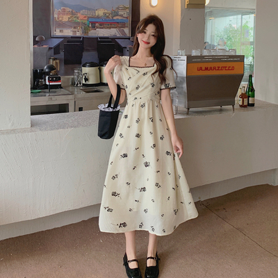 taobao agent Summer advanced dress, long skirt, plus size, square neckline, high-quality style, french style, floral print