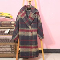 Áo khoác len nữ mùa đông Hàn Quốc mặc áo dài kẻ sọc màu tương phản lỏng kẻ sọc áo len nữ - Áo khoác dài áo khoác jean