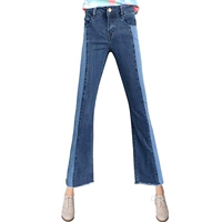 2018 mùa xuân và mùa hè khâu mới màu sắc tương phản micro-horn jeans nữ Hàn Quốc phiên bản của thời trang cạnh thô chic quần đàn hồi quần jean nữ ống suông hàn quốc