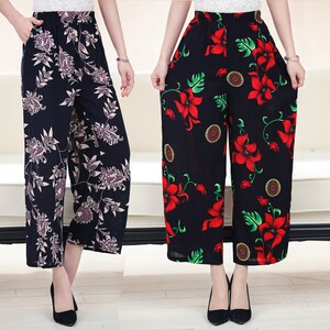 Phụ nữ trung niên của mùa hè váy cắt quần đàn hồi cao eo quần tre cotton in quần mẹ quần kích thước lớn bông và quần linen