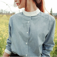 Hàn quốc phiên bản mới mùa thu retro nhỏ đứng cổ áo áo sơ mi mỏng nhỏ tươi vườn dài tay áo sọc áo sơ mi nữ mẫu áo sơ mi nữ cổ tròn đẹp