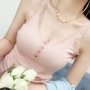 Mặc mỏng phần ren cotton vest nữ mùa hè ren ngọt ngào bên nút trang trí cổ chữ V đáy áo đồ mặc nhà