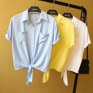 Hàn quốc phiên bản của hem thắt nút áo sơ mi nữ mùa hè cardigan bông áo sơ mi dài tay kem chống nắng quần áo trắng ren ngắn tay áo sơ mi