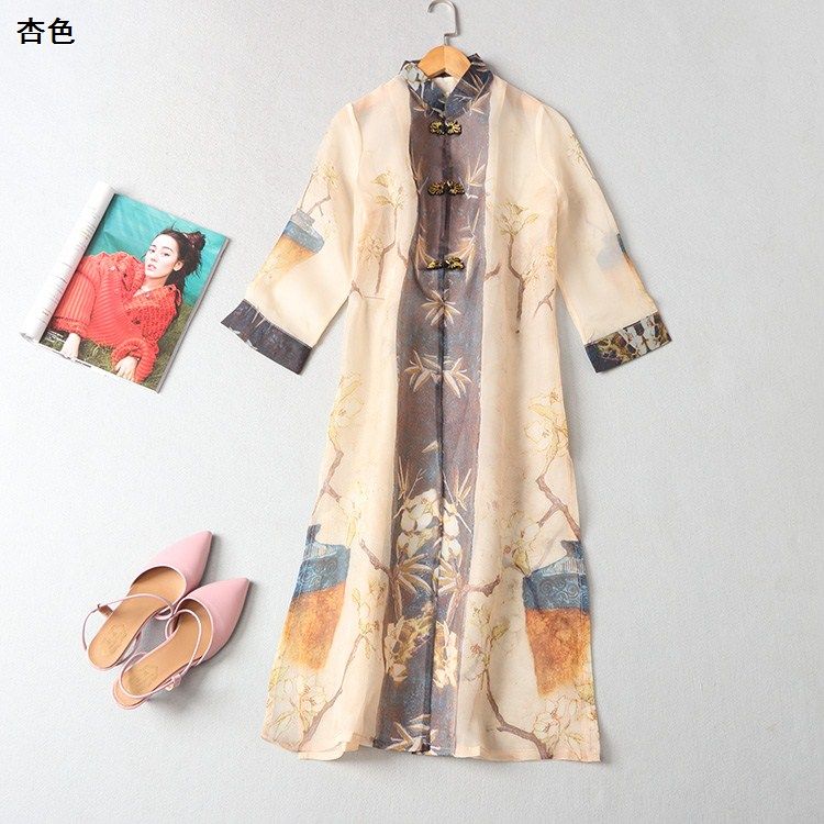 213782 Ming Wei của phụ nữ 2018 mùa thu đứng cổ áo ngực đơn chín điểm tay áo in áo gió