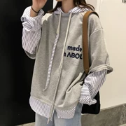 Phong cách Harajuku oversize lỏng lẻo đầu trùm đầu thêu thư dài tay giả hai mảnh siêu lửa áo len bất thường mùa thu