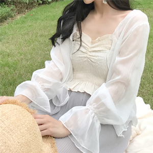 Mới của Hàn Quốc phiên bản của chic gió retro kem chống nắng cardigan áo khoác mỏng lỏng hoang dã trumpet tay áo ngắn voan khăn choàng nữ áo khoác vest nữ