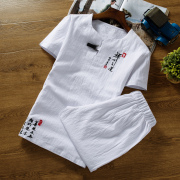 Trang phục dân tộc mùa hè cotton T-Shirt quần short cotton thể thao phù hợp với kích thước lớn Trung Quốc thêu phần mỏng quần áo