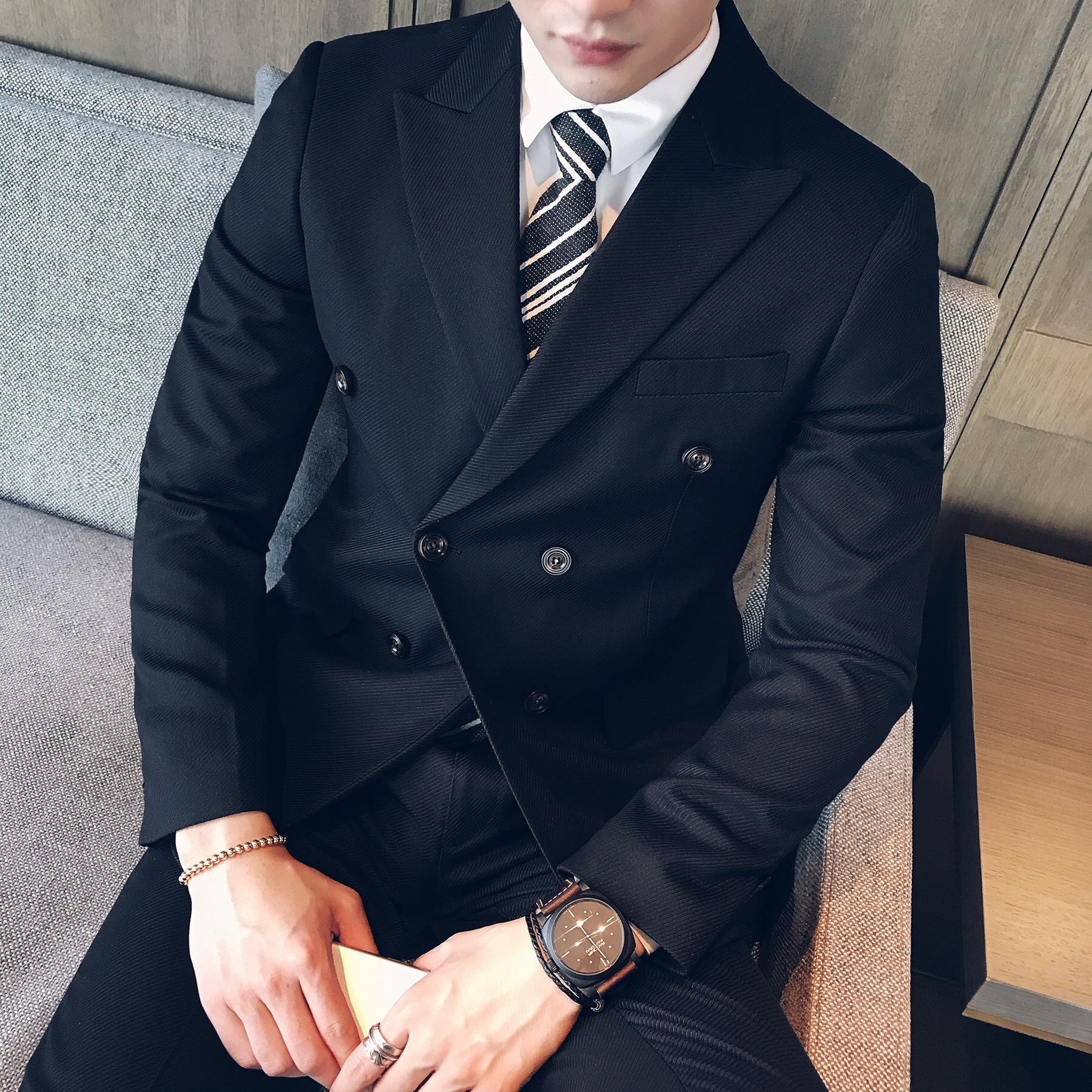 厚重细纹面料男士修身双排扣西装wx86/p170 黑