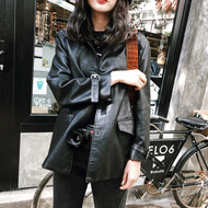 JHXC da nữ sinh viên mùa thu 2018 mới của Hàn Quốc phiên bản của lỏng màu đen pu jacket là mỏng xe máy quần áo áo khoác áo da cừu nhập khẩu