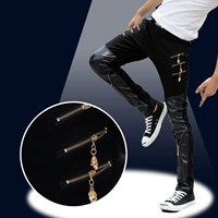 Thanh niên xu hướng nam quần da bình thường của nam giới đường phố nhảy dây kéo và da đen quần loại nam Hàn Quốc phiên bản của quần mỏng quần da nam cao cấp