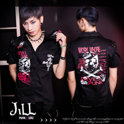 taobao agent O Jier O punk rock rock Rock tip tip hem neutral short -sleeved shirt mighty ghost workaholics GA318