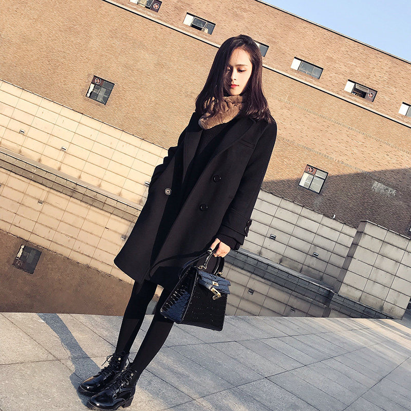 黑色毛呢外套2017冬装新款韩版女装中长款宽松羊毛呢大衣茧型外套
