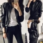 Mùa thu mới thời trang Hàn Quốc phiên bản của siêu- Tây da áo khoác sinh viên đứng cổ áo dây kéo màu đen xe gắn máy áo khoác chiếc áo đan ... áo da nữ dáng dài